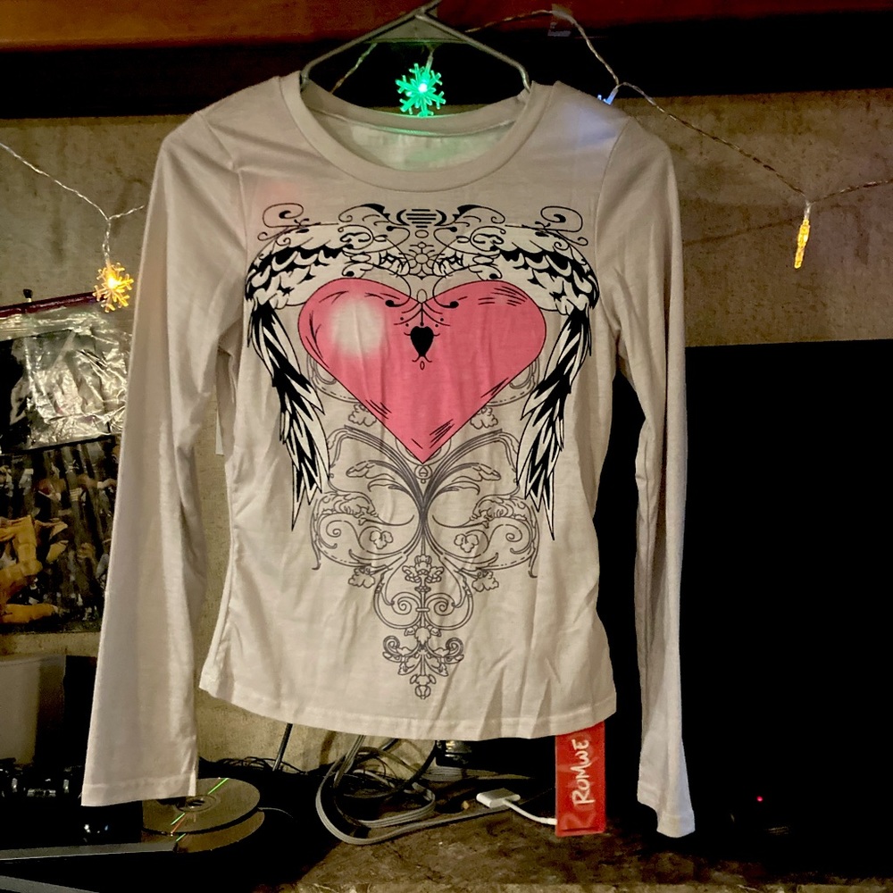 Thin white with pink heart long sleeve